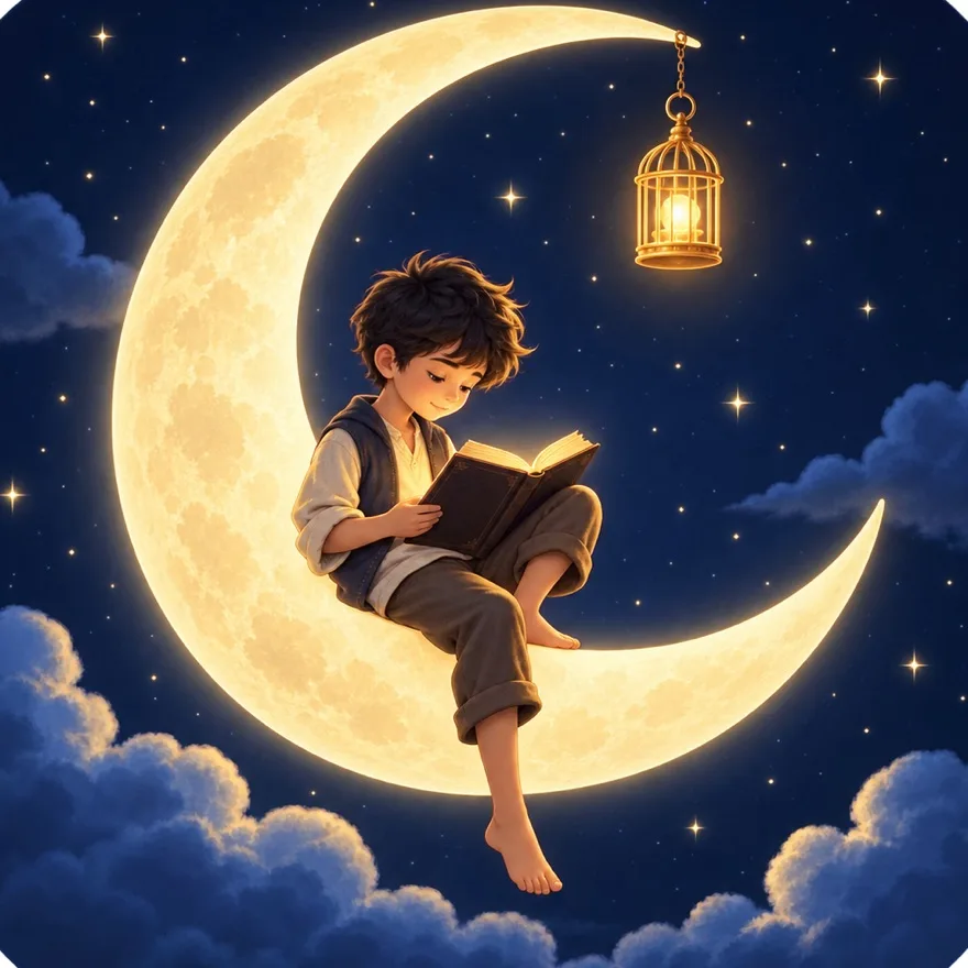 Illustration: a boy reading a book on a crescent moon